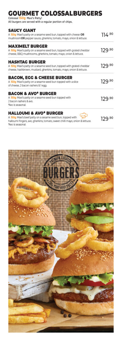 Maxis Menu Three Rivers Maxi's Food South Africa - Main Menu